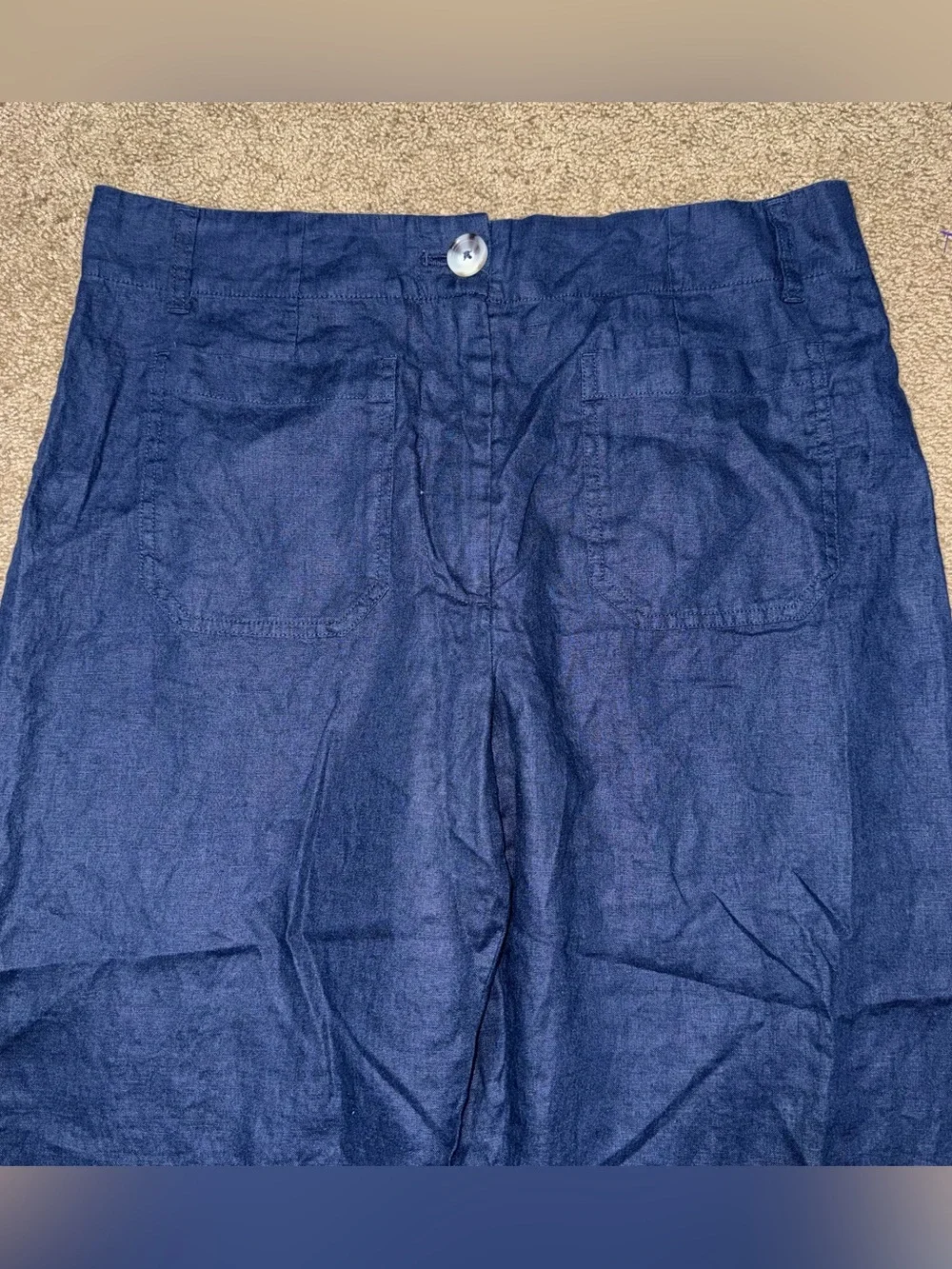 Quince 100% European Linen Patch Pocket Wide Leg Pants Navy 12 High Rise Utility